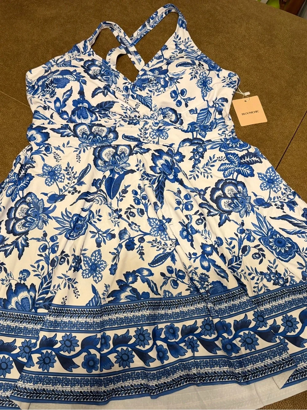 14/16 1X, BloomChic Boho Print Ruched Swim Dress, NWT, $30